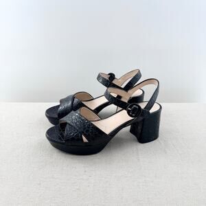 Prada Crocodile Embossed Leather Ankle Strap Platform Sandals Black Womens EU 39